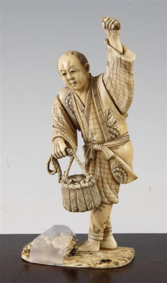 Japanese Meiji period ivory okimono of a grape picker, Meiji period, 17.2cm, faults(-)